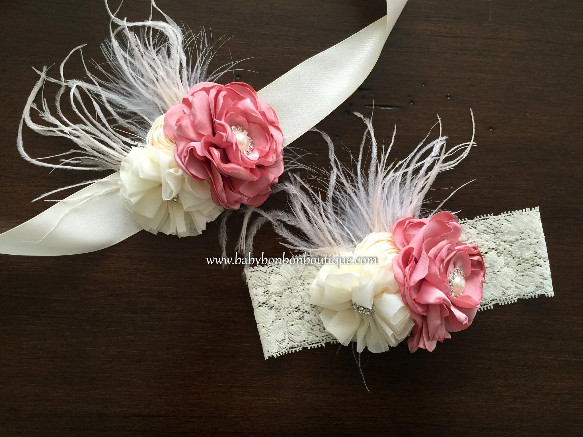 Dusty Pink and Ivory Christening Headband & Sash