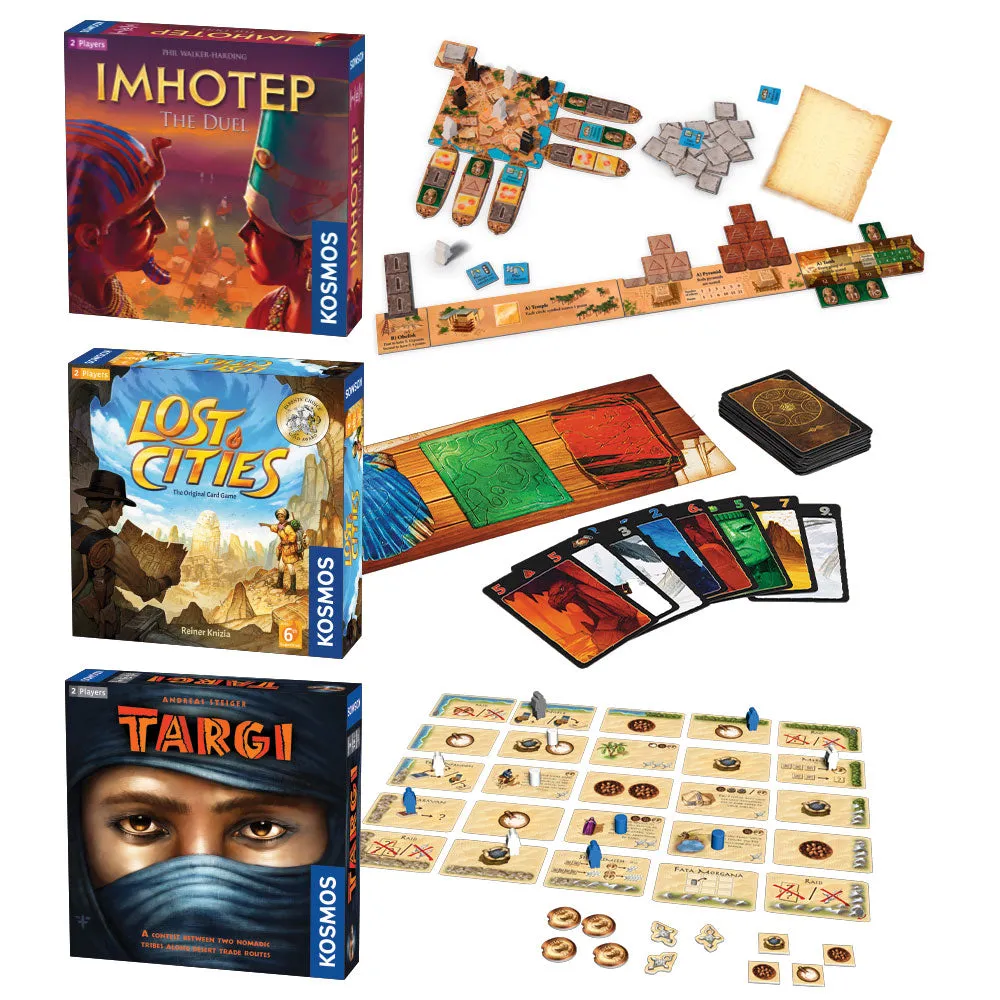 Essential 2-Player Board Game 3-Pack Bundle. Imhotep: The Duel, Targi, Lost Cities Card Game with 6th Expedition