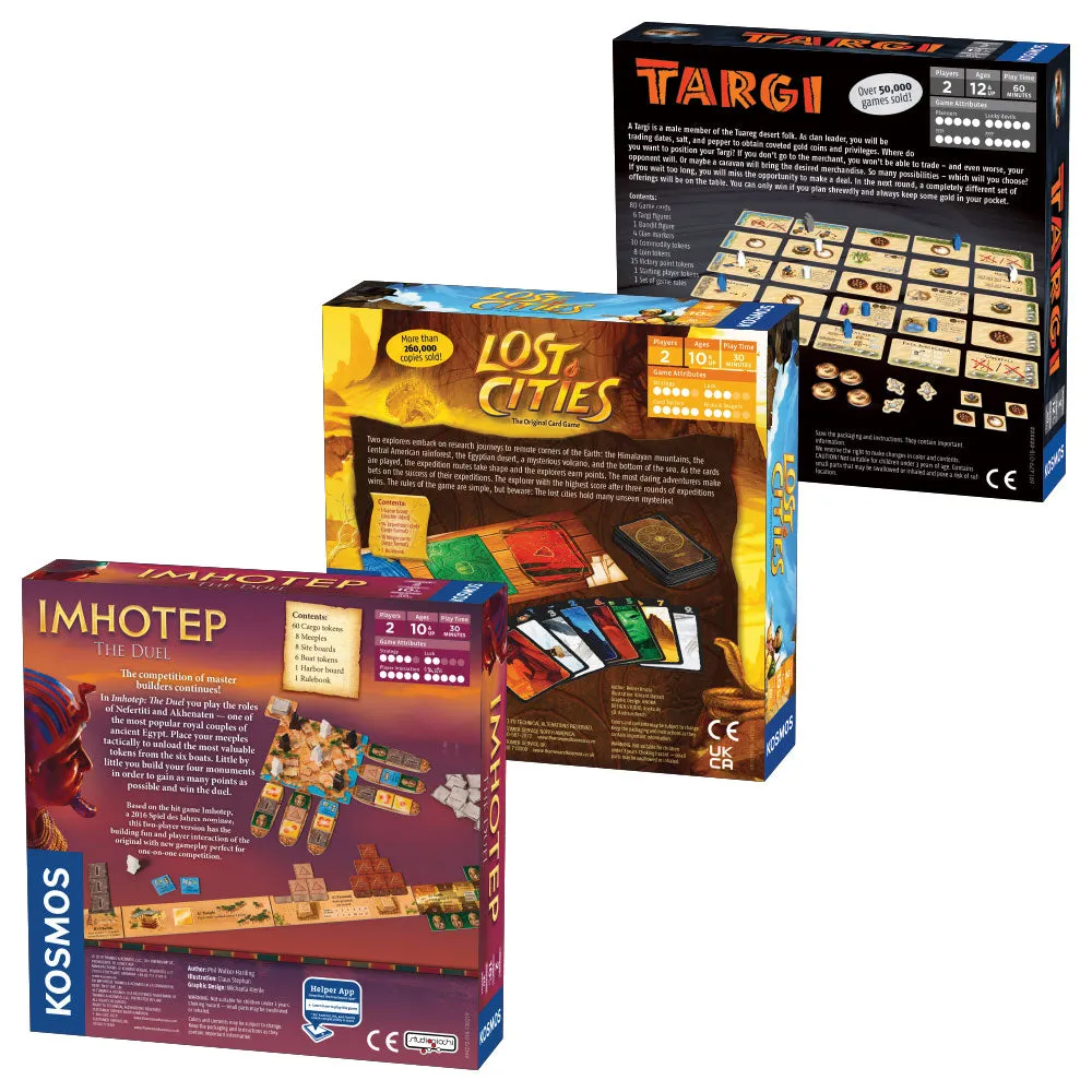 Essential 2-Player Board Game 3-Pack Bundle. Imhotep: The Duel, Targi, Lost Cities Card Game with 6th Expedition