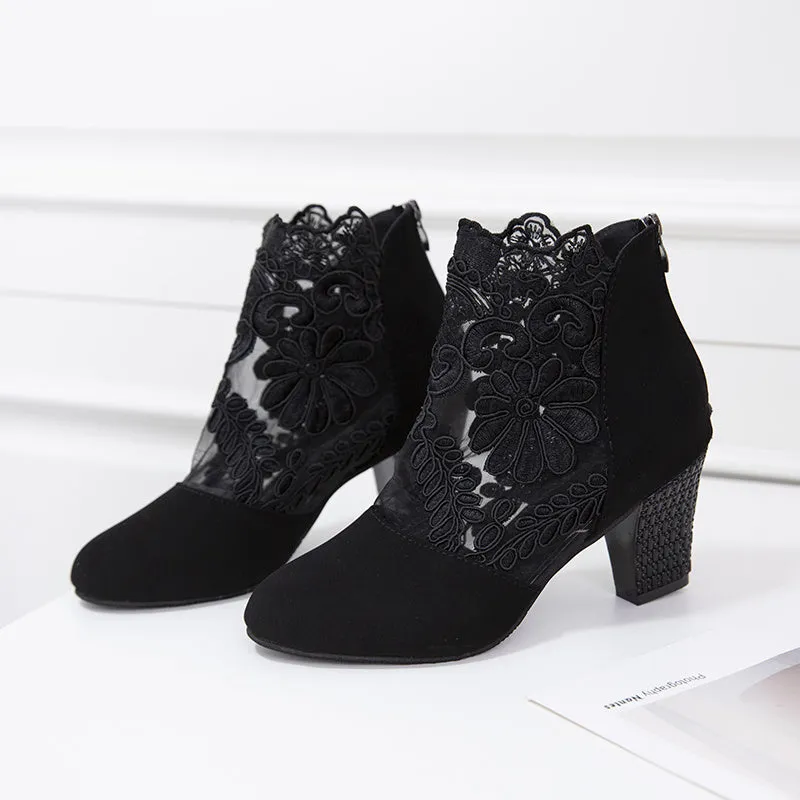 Flower Embroidery Lace Chunky Heeled Zip Back Ankle Boot Women's High Heel Pumps