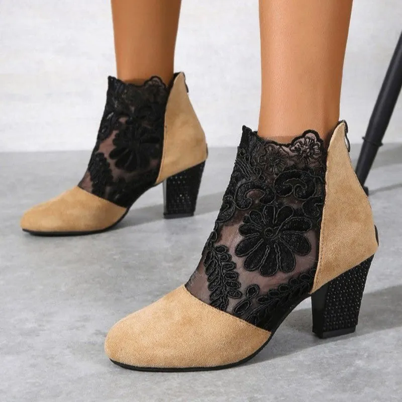 Flower Embroidery Lace Chunky Heeled Zip Back Ankle Boot Women's High Heel Pumps