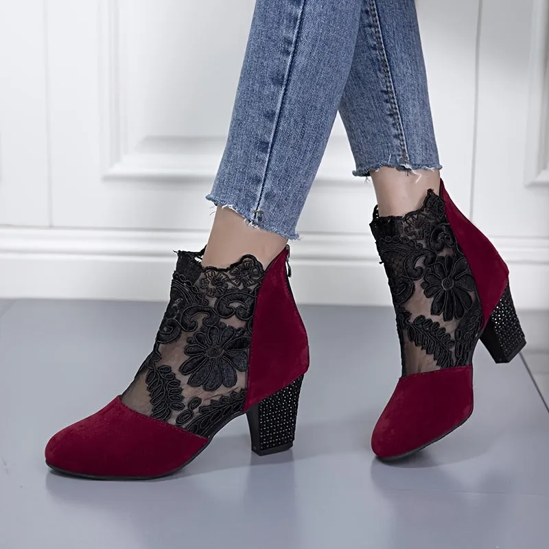 Flower Embroidery Lace Chunky Heeled Zip Back Ankle Boot Women's High Heel Pumps