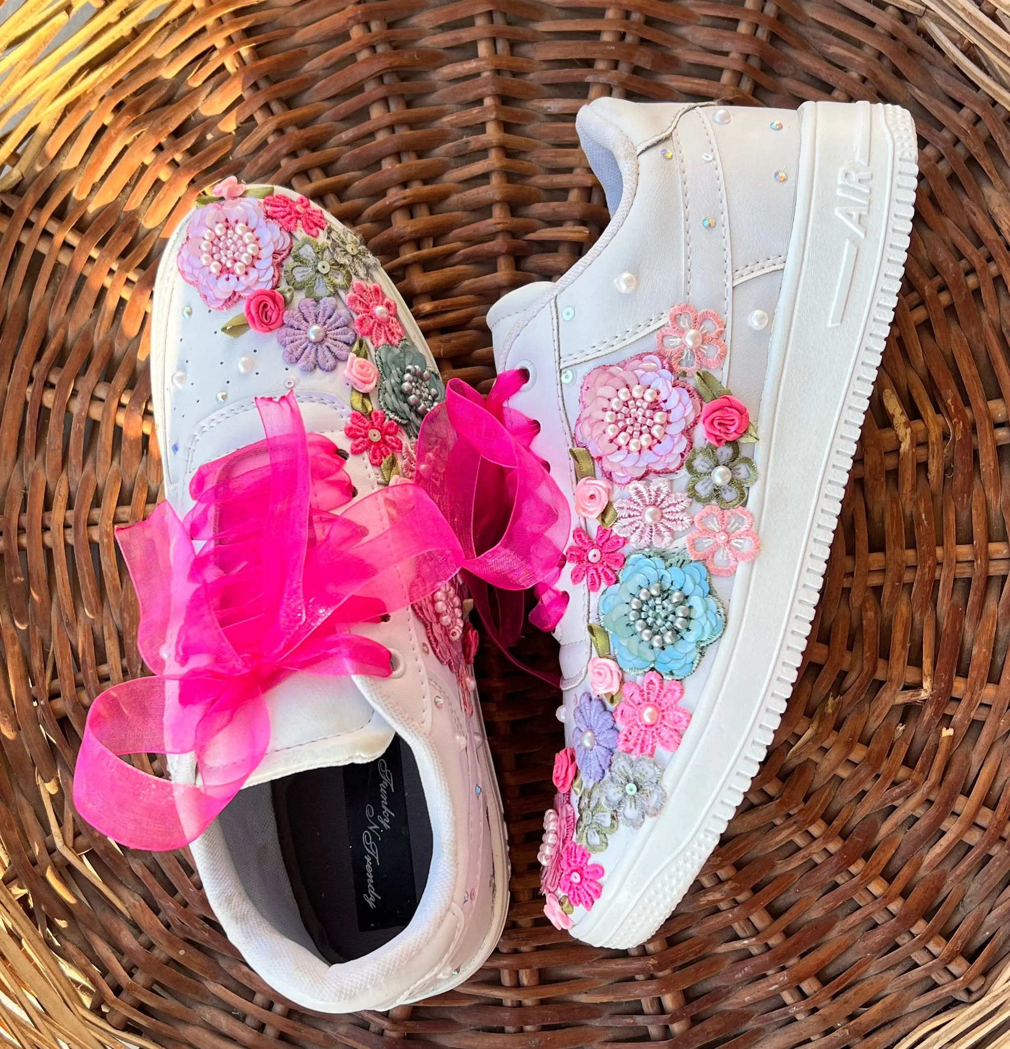 FUNKY N TRENDY hand embroidered floral work sneakers/ white sneakers /bridal shoes / bridal sneakers / floral sneakers/flower shoes /bridesmaid sneakers/ pink shoes / pink sneakers