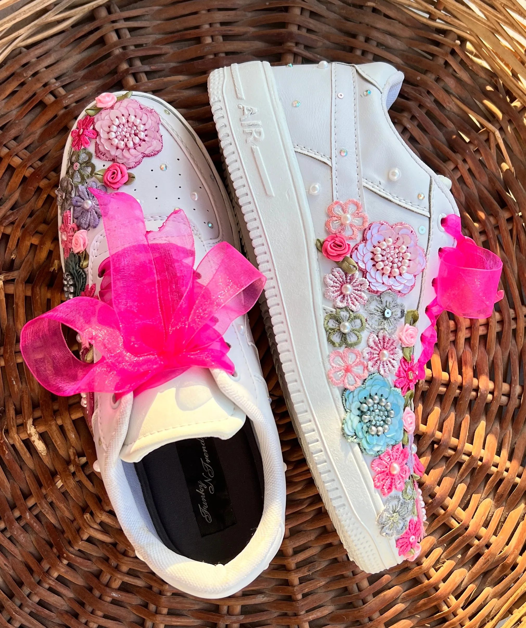 FUNKY N TRENDY hand embroidered floral work sneakers/ white sneakers /bridal shoes / bridal sneakers / floral sneakers/flower shoes /bridesmaid sneakers/ pink shoes / pink sneakers