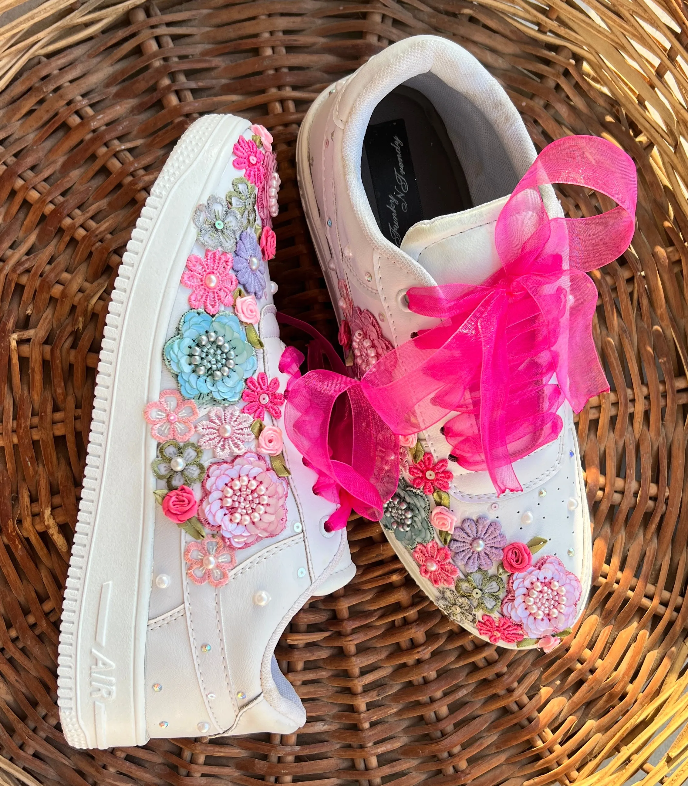 FUNKY N TRENDY hand embroidered floral work sneakers/ white sneakers /bridal shoes / bridal sneakers / floral sneakers/flower shoes /bridesmaid sneakers/ pink shoes / pink sneakers