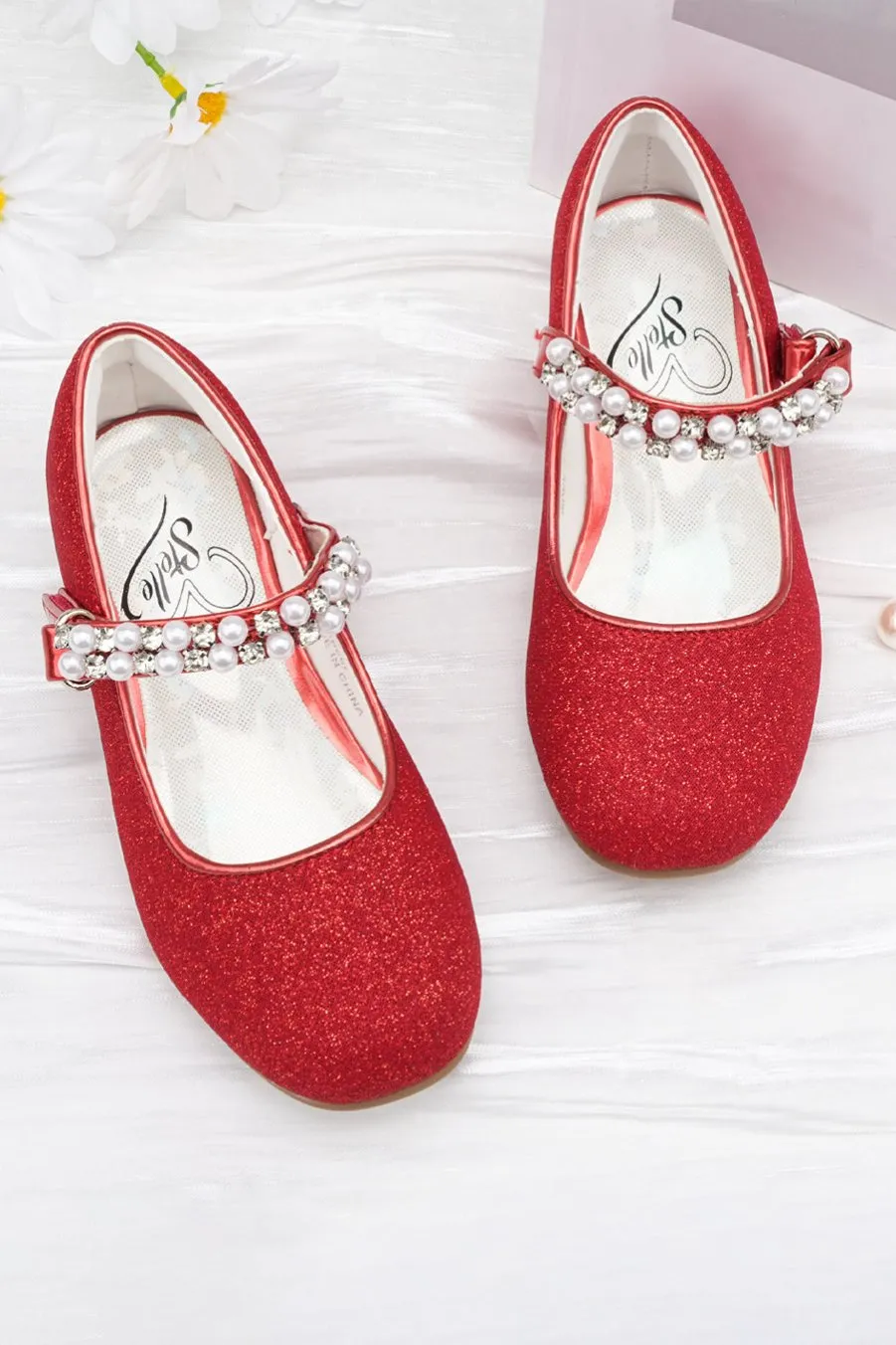 Girls Pearl and diamond strap Low Heel Mary Jane Dress Shoes