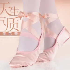 Girls Ribbon Ballet Shoes Toe Indoor Yoga Training Shoes Tie up Body Shoes Adult Satin Soft Soles Dance shoes with Two Soles