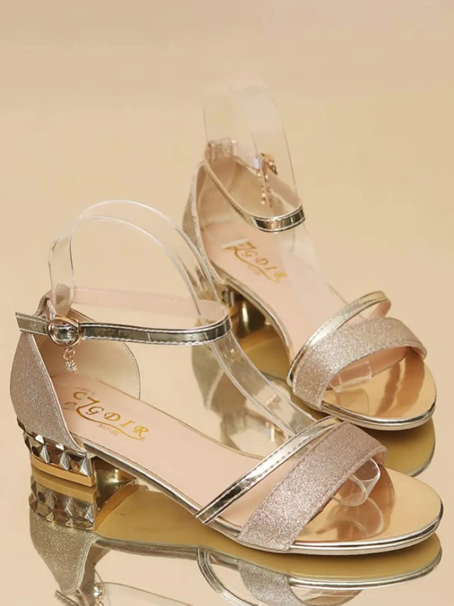 Glitter Ankle Strap Block Heel Open Toe Summer Buckle Sandals