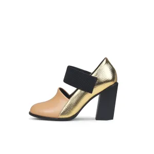 Gold Tone Apricot Block Heel Pumps