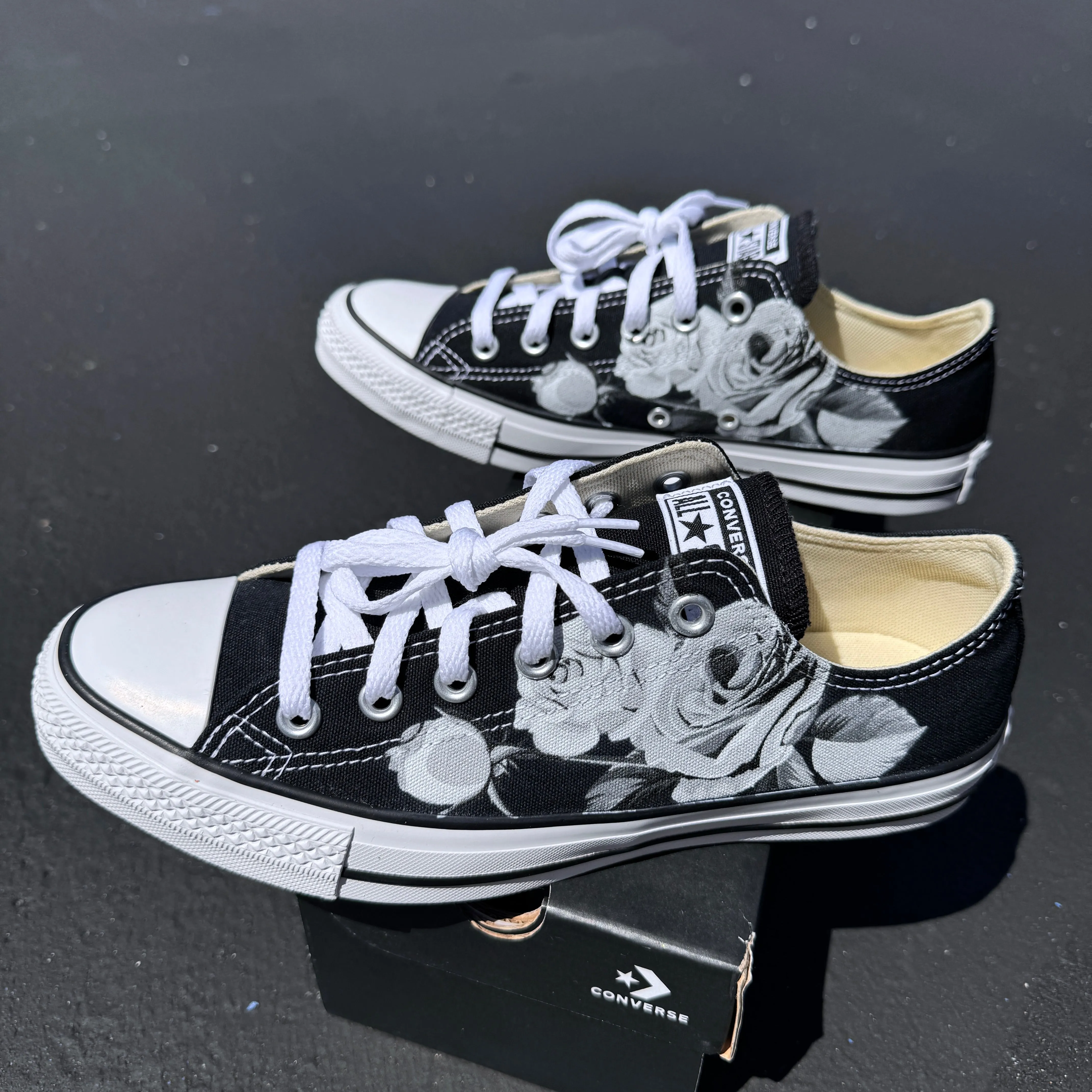 Greyscale Roses on Black Low Top Converse Shoes Custom