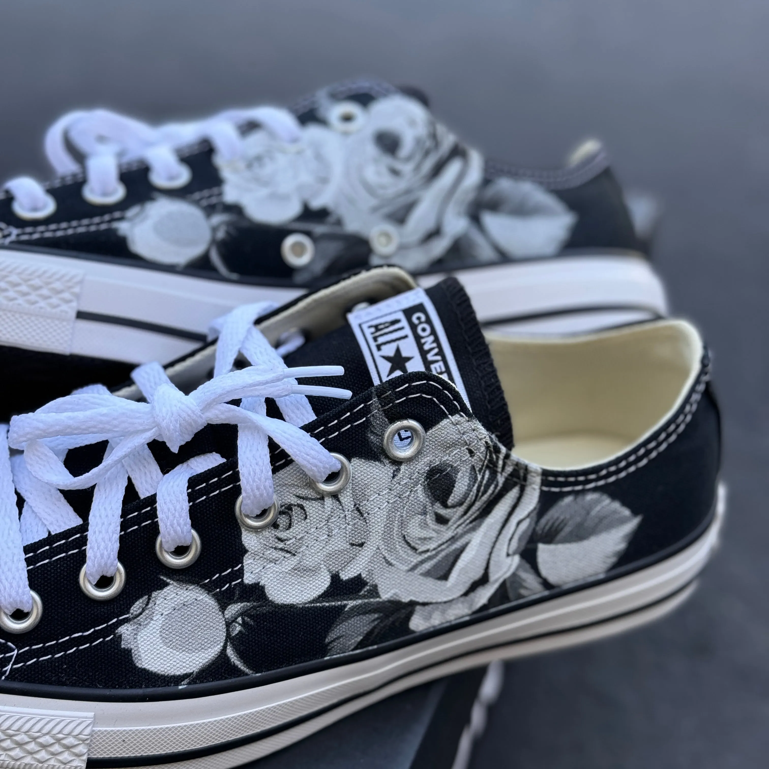 Greyscale Roses on Black Low Top Converse Shoes Custom