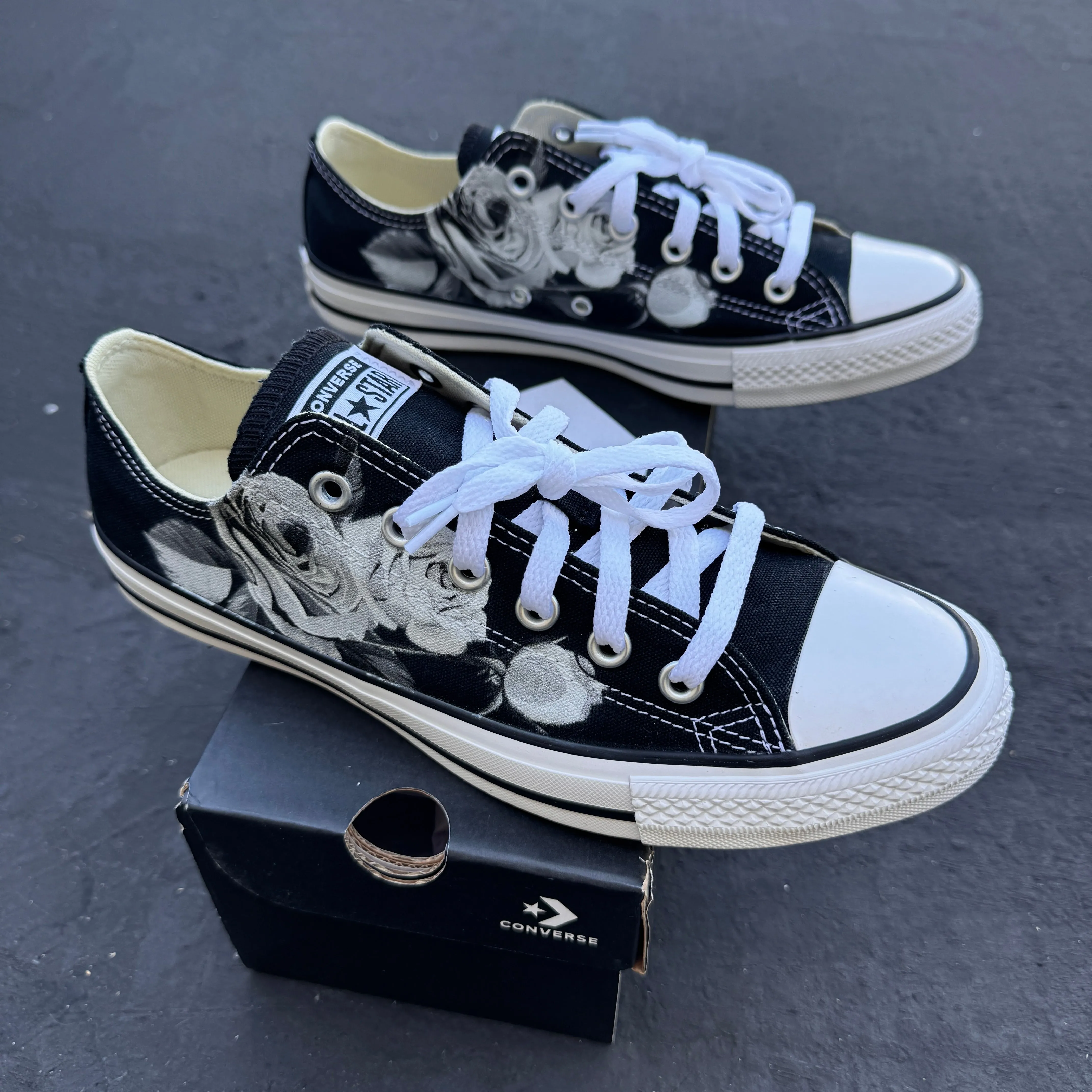 Greyscale Roses on Black Low Top Converse Shoes Custom