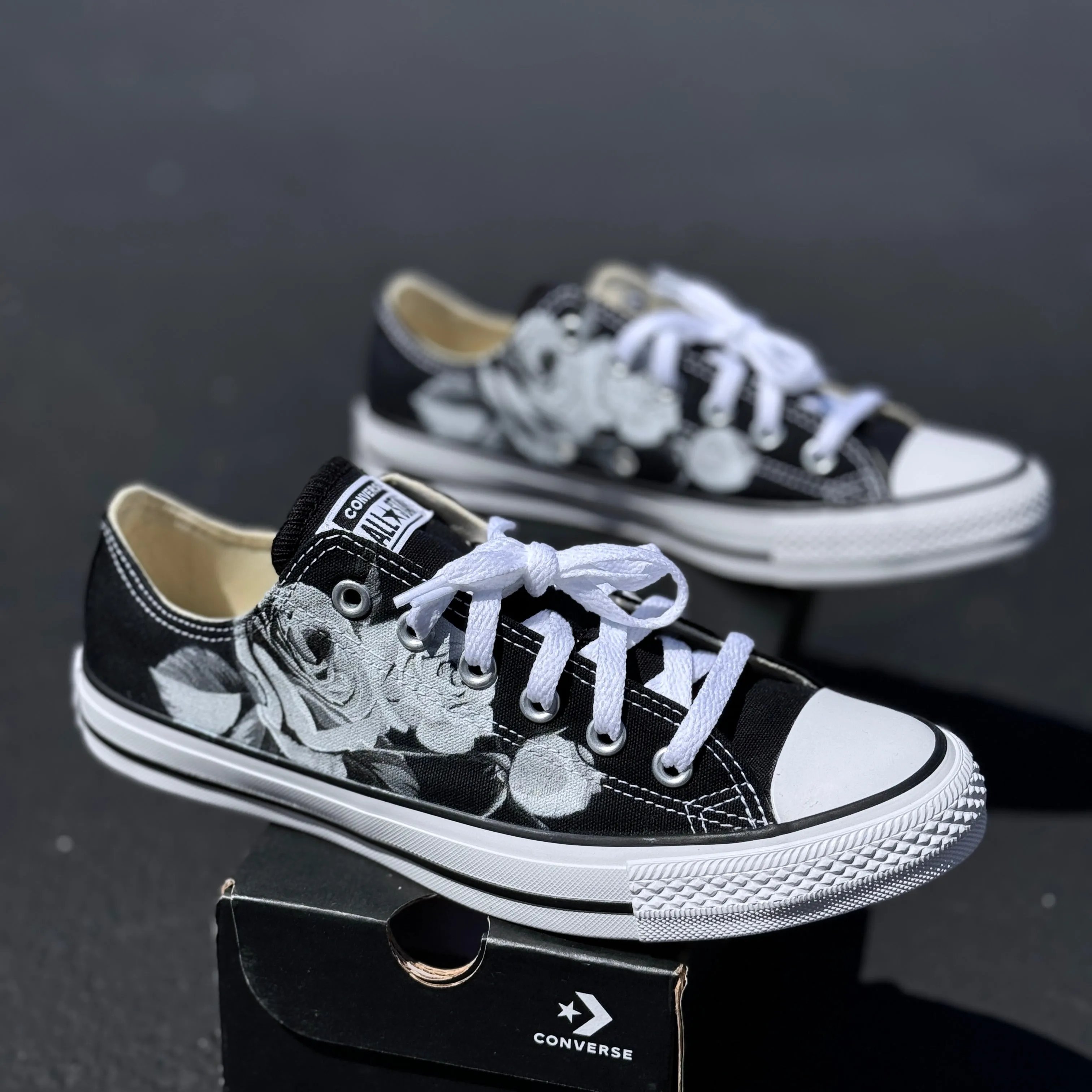 Greyscale Roses on Black Low Top Converse Shoes Custom