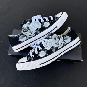 Greyscale Roses on Black Low Top Converse Shoes Custom