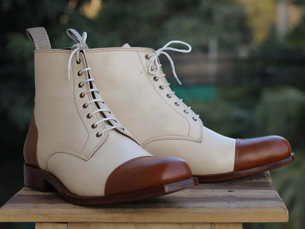 Handmade Brown & White Ankle high Cap toe Leather Boots