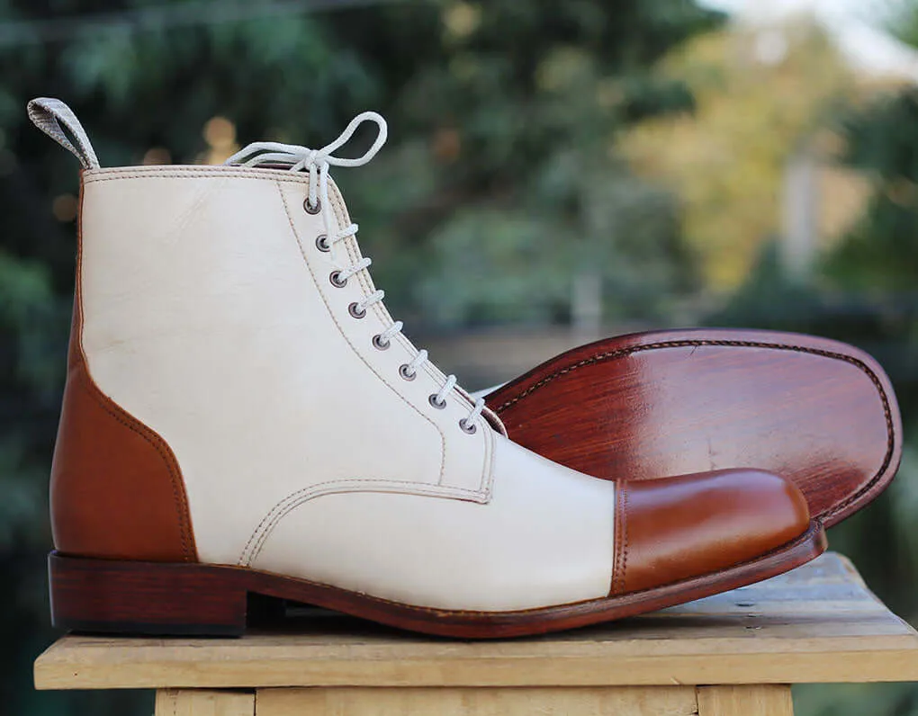 Handmade Brown & White Ankle high Cap toe Leather Boots