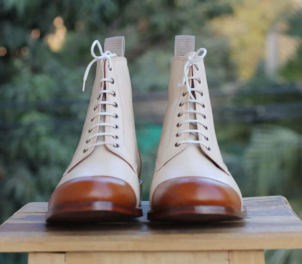 Handmade Brown & White Ankle high Cap toe Leather Boots