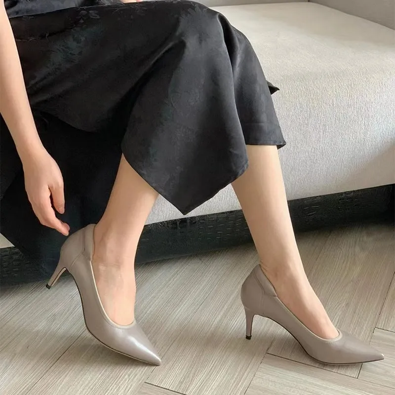 Handmade Sheepskin Point Toe Pumps 70mm High Heel In Black/Apricot/Gray