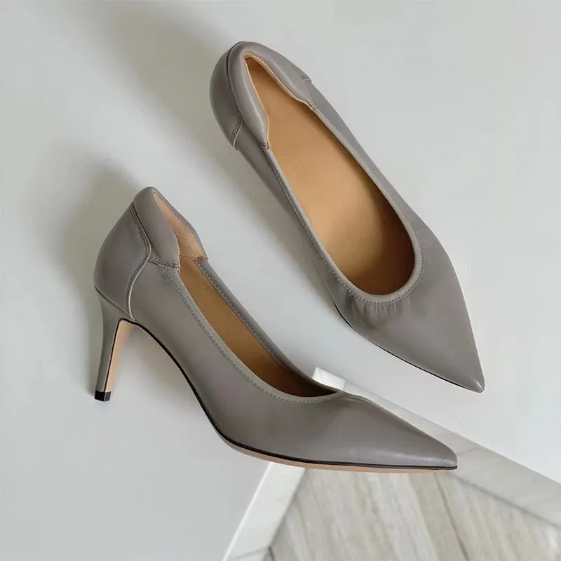 Handmade Sheepskin Point Toe Pumps 70mm High Heel In Black/Apricot/Gray