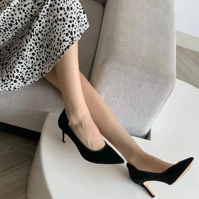 Handmade Sheepskin Point Toe Pumps 70mm High Heel In Black/Apricot/Gray