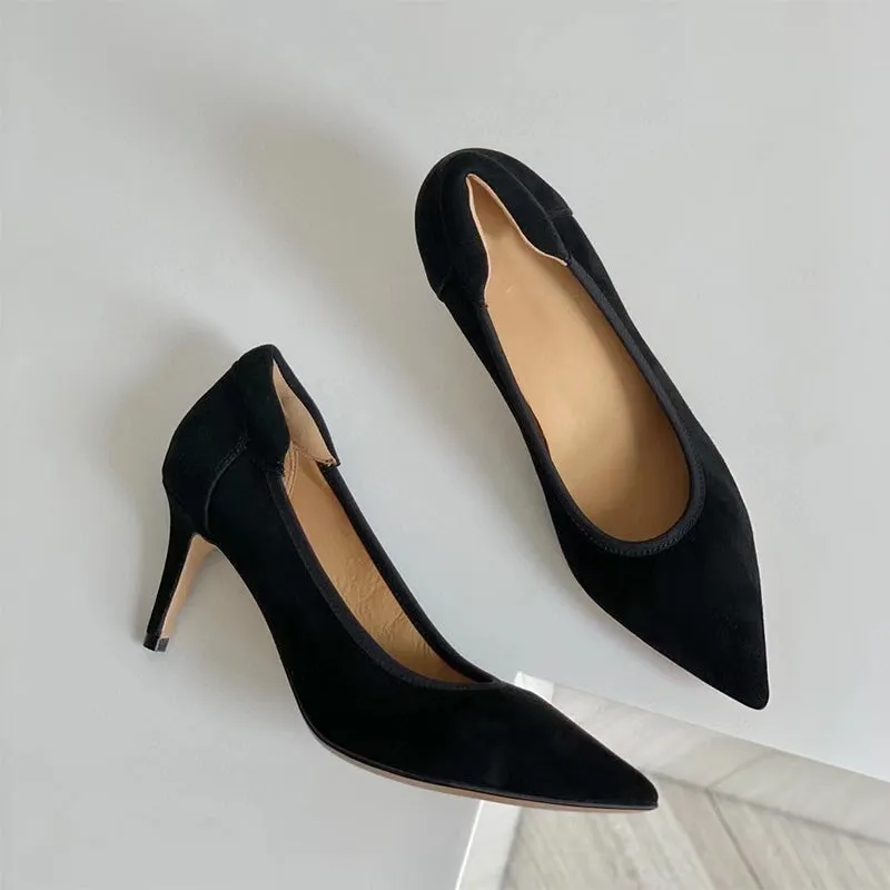 Handmade Sheepskin Point Toe Pumps 70mm High Heel In Black/Apricot/Gray