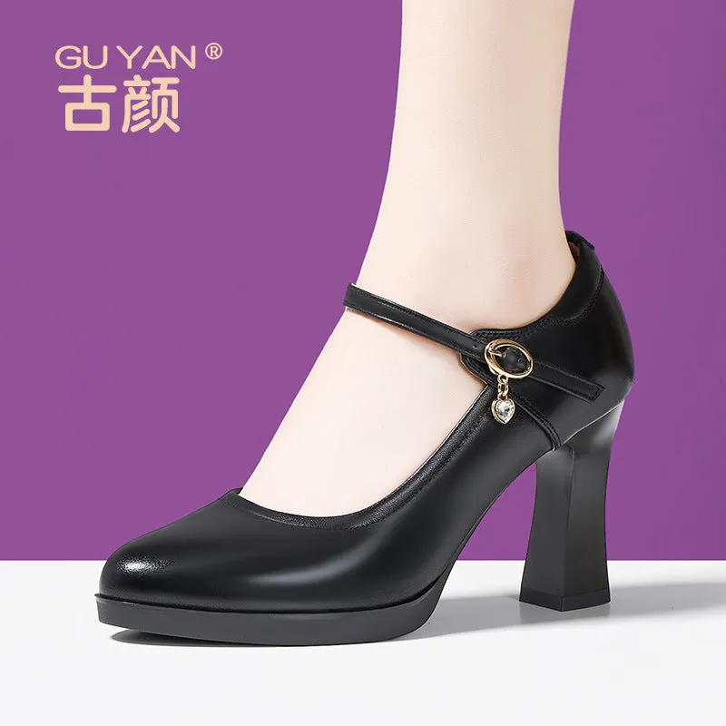 kamames Cheongsam Performance, Catwalk Training, Single Shoes, Women's Leather, Thick Heels, Comfortable Middle Heel, Soft Soles, Mother's Work Shoes.