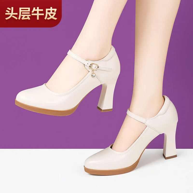 kamames Cheongsam Performance, Catwalk Training, Single Shoes, Women's Leather, Thick Heels, Comfortable Middle Heel, Soft Soles, Mother's Work Shoes.