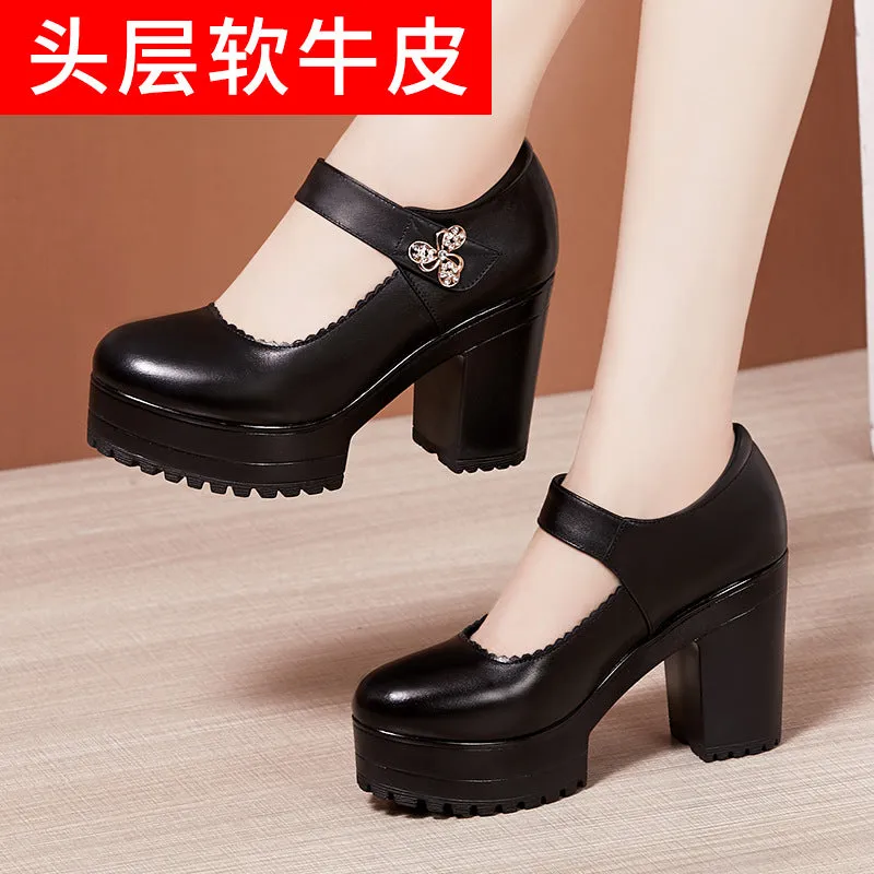 kamames Cowhide Thick-Heeled High-Heeled Walking Shoes Waterproof Platform Thick-Soled Leather Shoes Cheongsam Show Model Training Shoes