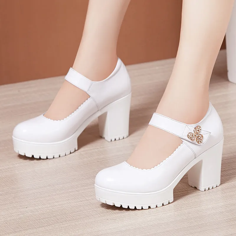 kamames Cowhide Thick-Heeled High-Heeled Walking Shoes Waterproof Platform Thick-Soled Leather Shoes Cheongsam Show Model Training Shoes