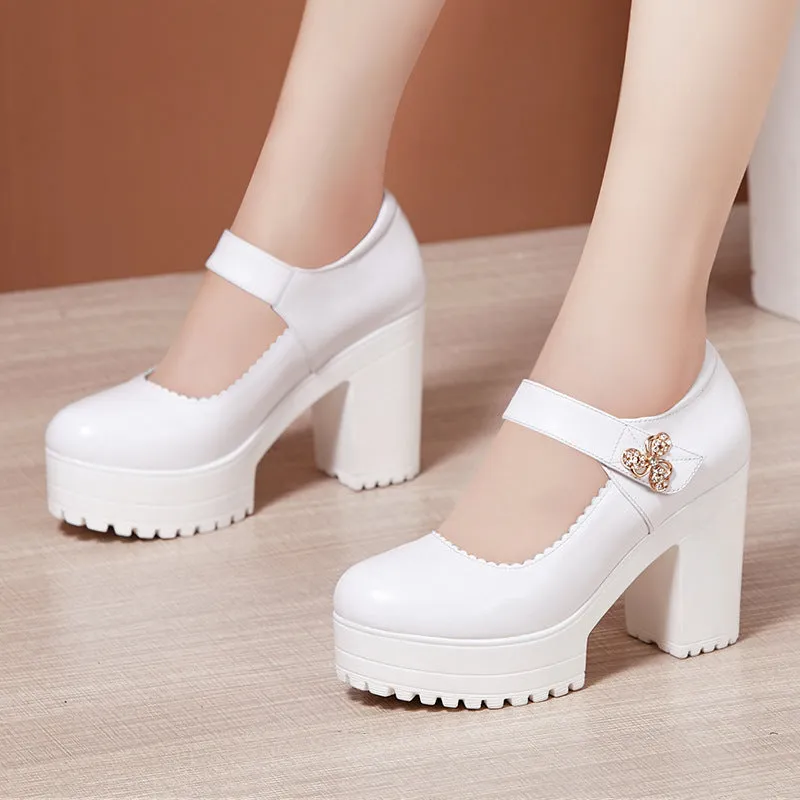 kamames Cowhide Thick-Heeled High-Heeled Walking Shoes Waterproof Platform Thick-Soled Leather Shoes Cheongsam Show Model Training Shoes