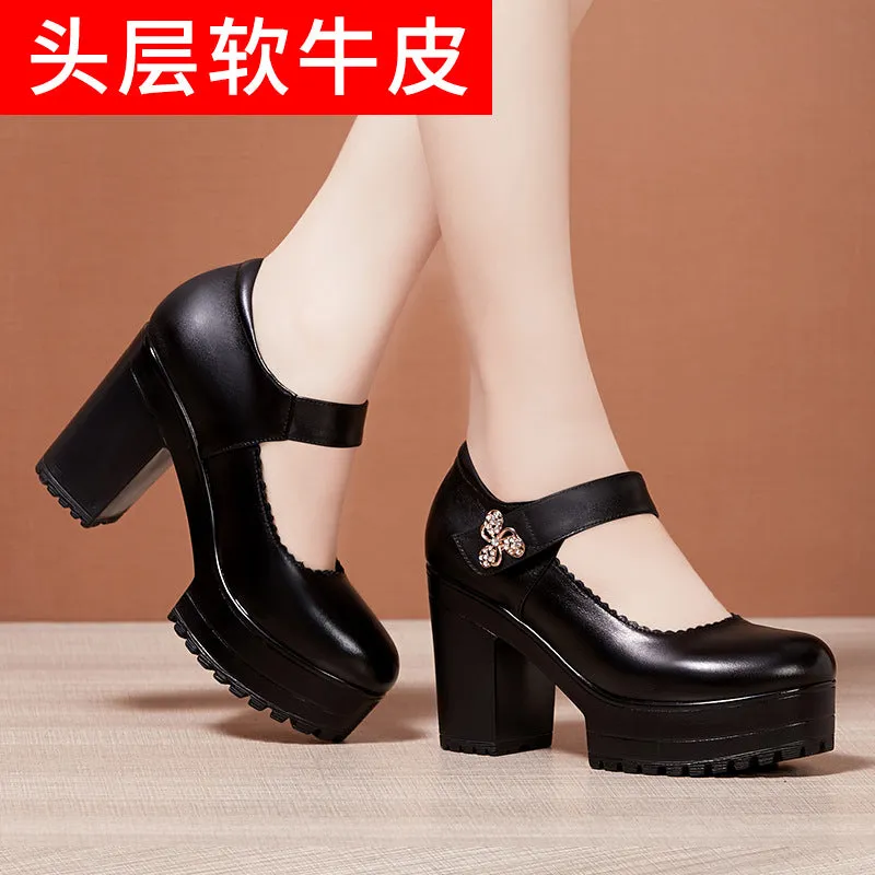 kamames Cowhide Thick-Heeled High-Heeled Walking Shoes Waterproof Platform Thick-Soled Leather Shoes Cheongsam Show Model Training Shoes