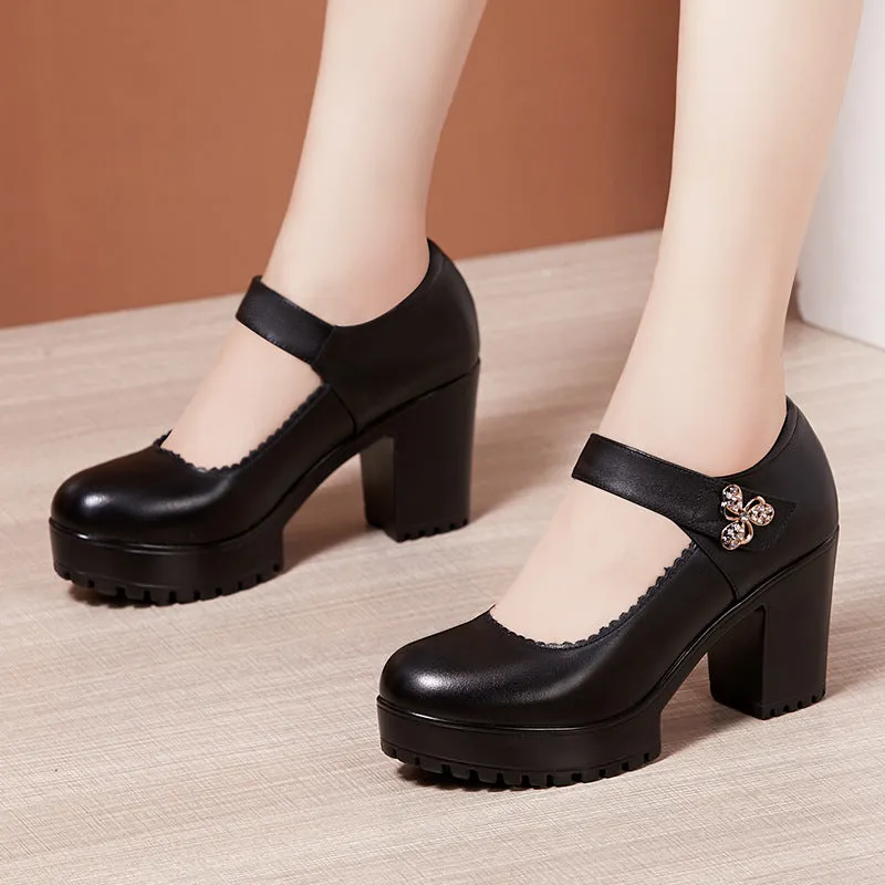 kamames Cowhide Thick-Heeled High-Heeled Walking Shoes Waterproof Platform Thick-Soled Leather Shoes Cheongsam Show Model Training Shoes