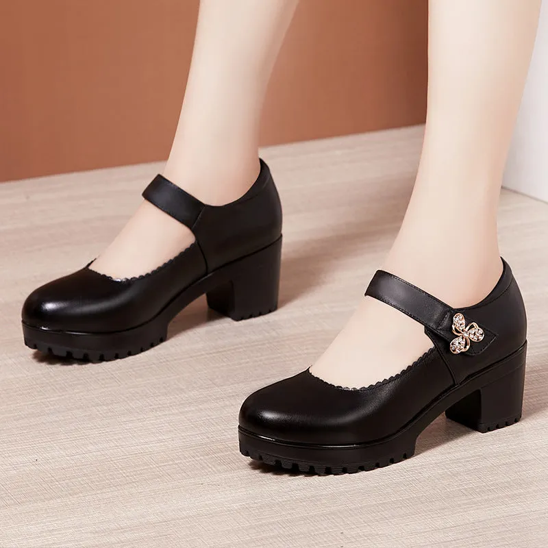 kamames Cowhide Thick-Heeled High-Heeled Walking Shoes Waterproof Platform Thick-Soled Leather Shoes Cheongsam Show Model Training Shoes