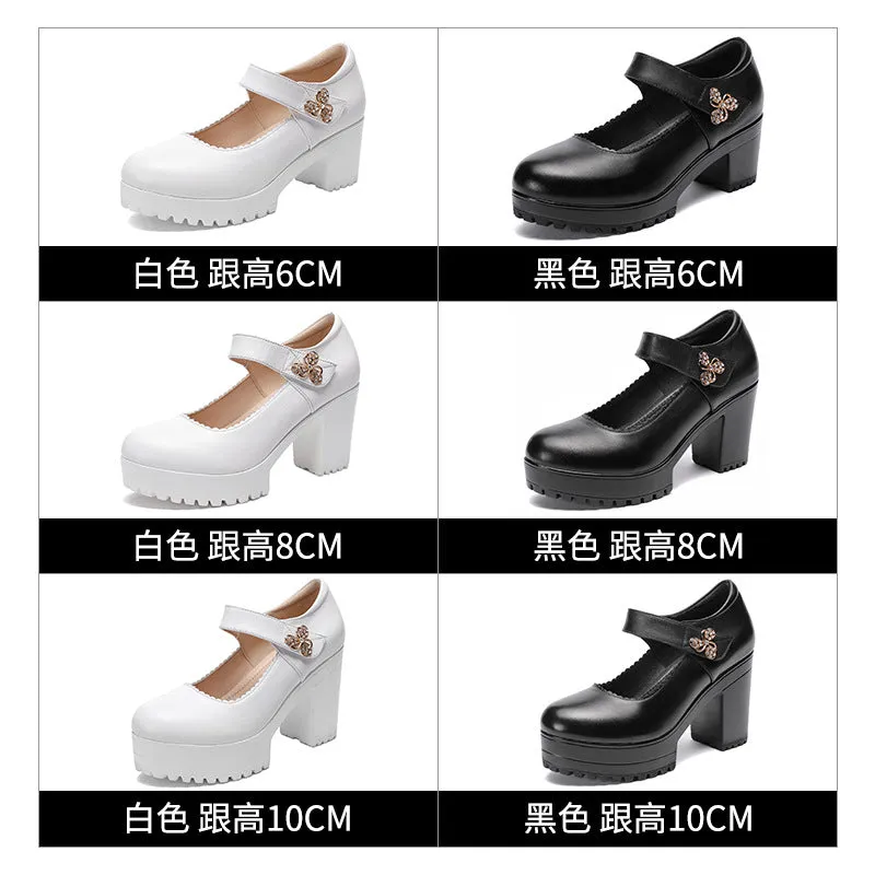 kamames Cowhide Thick-Heeled High-Heeled Walking Shoes Waterproof Platform Thick-Soled Leather Shoes Cheongsam Show Model Training Shoes