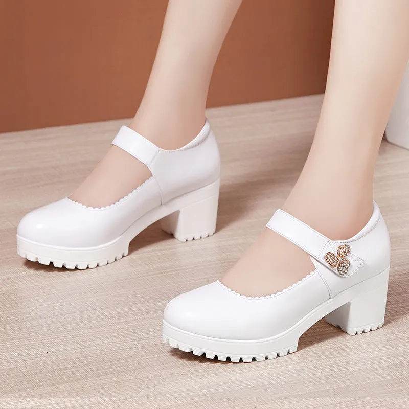 kamames Cowhide Thick-Heeled High-Heeled Walking Shoes Waterproof Platform Thick-Soled Leather Shoes Cheongsam Show Model Training Shoes