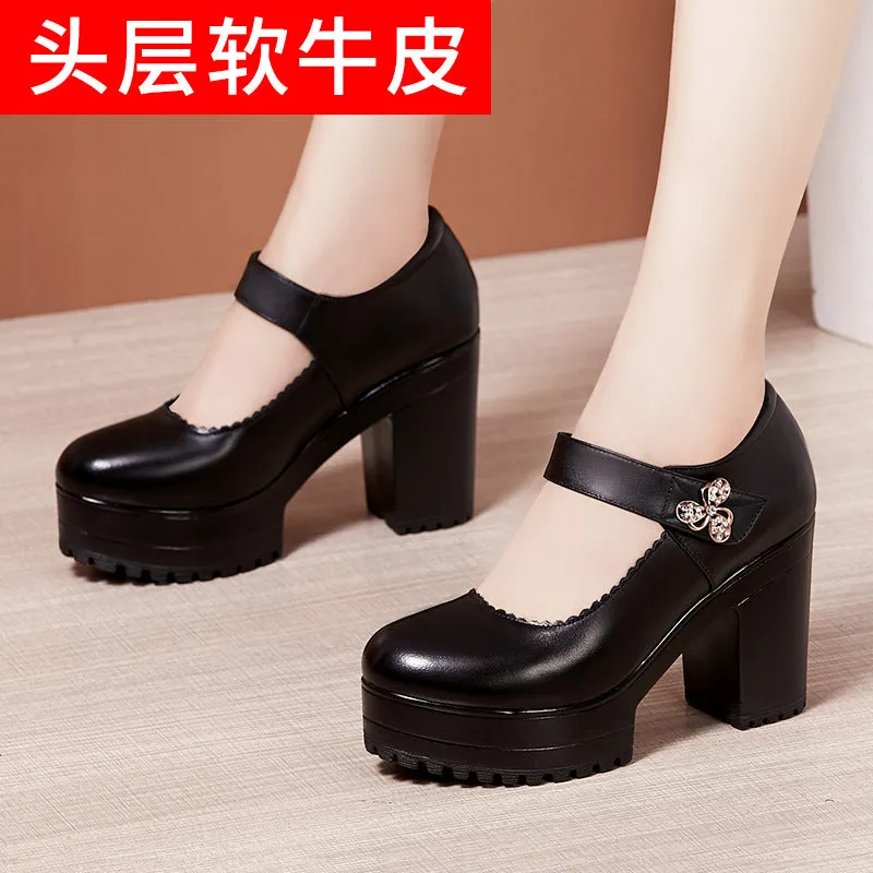 kamames Cowhide Thick-Heeled High-Heeled Walking Shoes Waterproof Platform Thick-Soled Leather Shoes Cheongsam Show Model Training Shoes