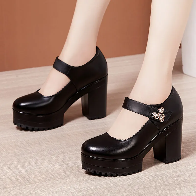 kamames Cowhide Thick-Heeled High-Heeled Walking Shoes Waterproof Platform Thick-Soled Leather Shoes Cheongsam Show Model Training Shoes