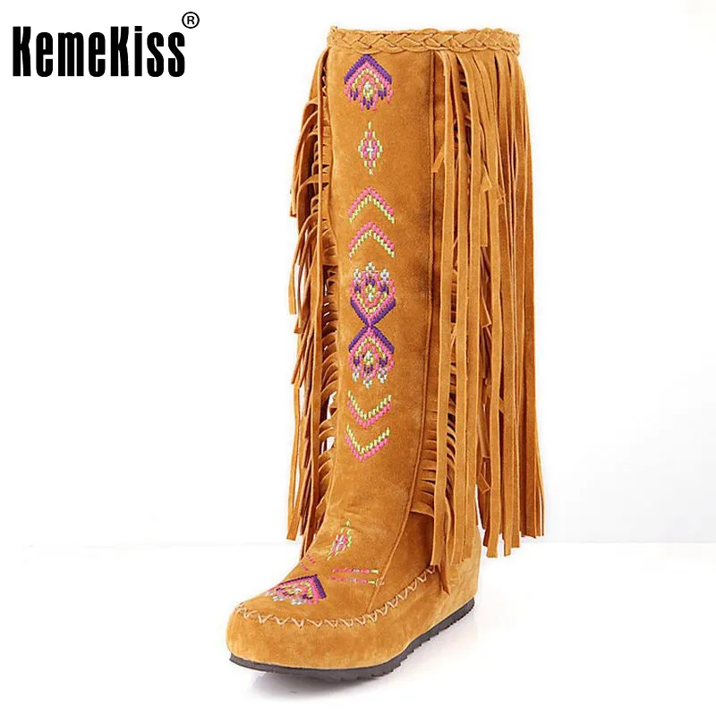 KemeKiss Fashion Chinese Nation Style Flock Leather Women Fringe Flat Heels Long Boots Woman Tassel Knee High Boots Size 34-43