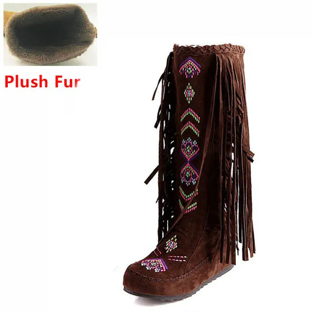 KemeKiss Fashion Chinese Nation Style Flock Leather Women Fringe Flat Heels Long Boots Woman Tassel Knee High Boots Size 34-43