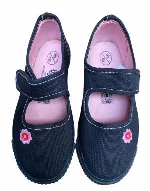 Kids Girls Black Canvas Strap Plimsole Pumps School PE Trainers Shoes