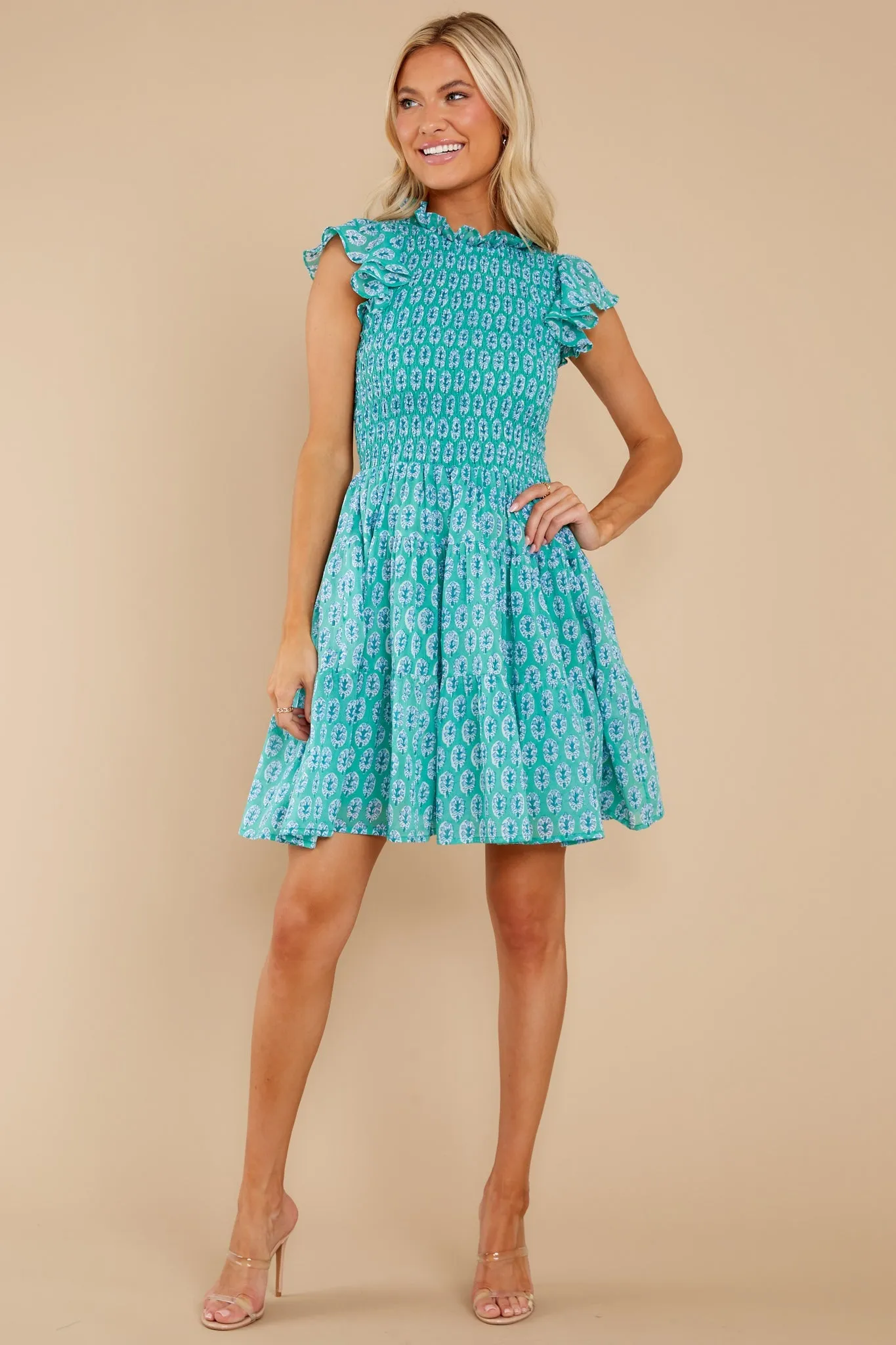 Libson Green Smocked Flirty Short Dress