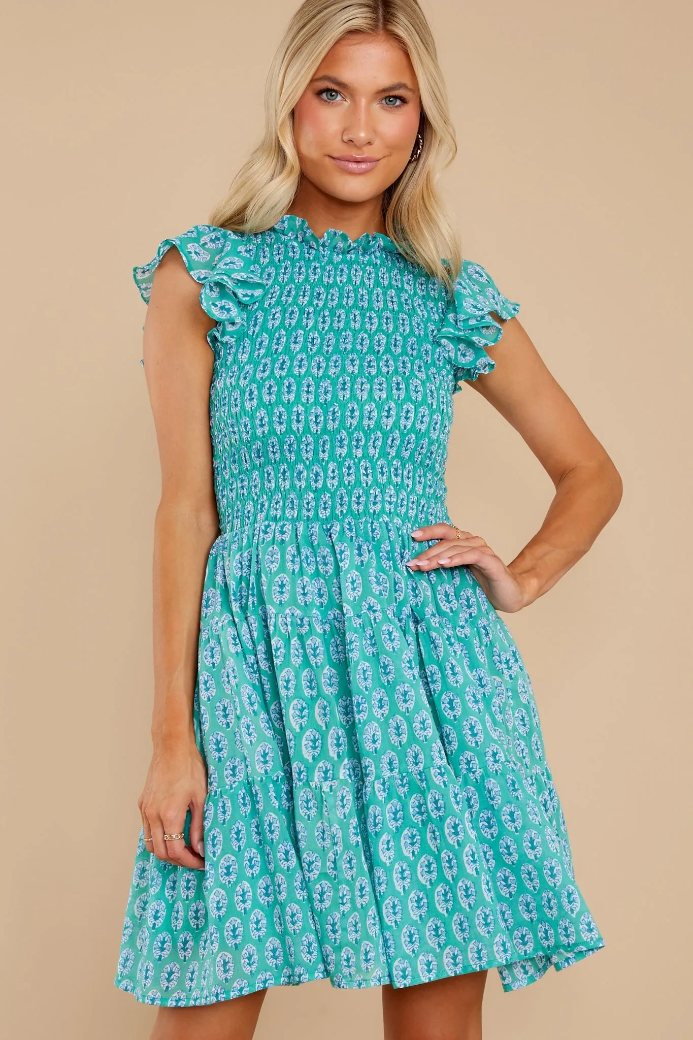 Libson Green Smocked Flirty Short Dress