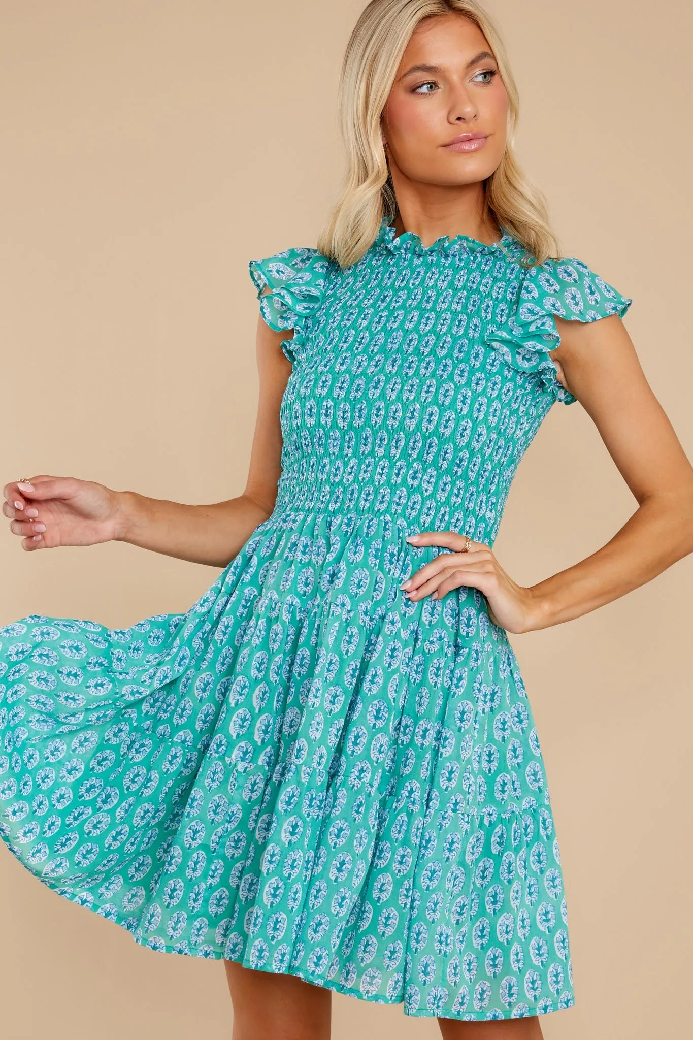 Libson Green Smocked Flirty Short Dress