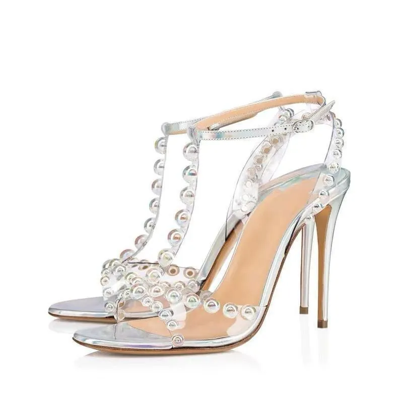 LovelyRLovely Bubble-trimmed Beaded Rivet Stiletto Heels