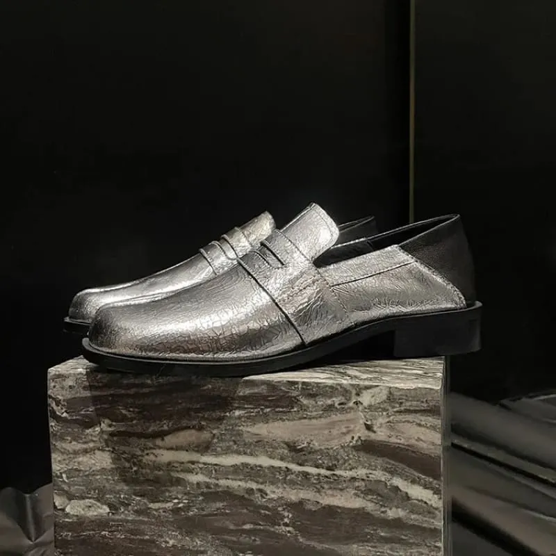 Metallic Silver Genuine Leather Split Toe Block Loafers for Women