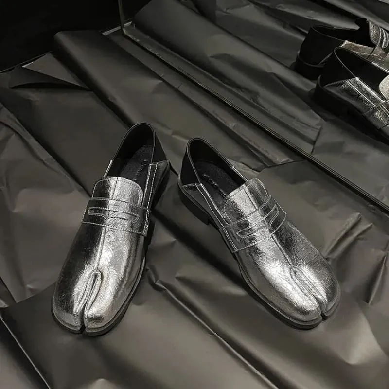 Metallic Silver Genuine Leather Split Toe Block Loafers for Women