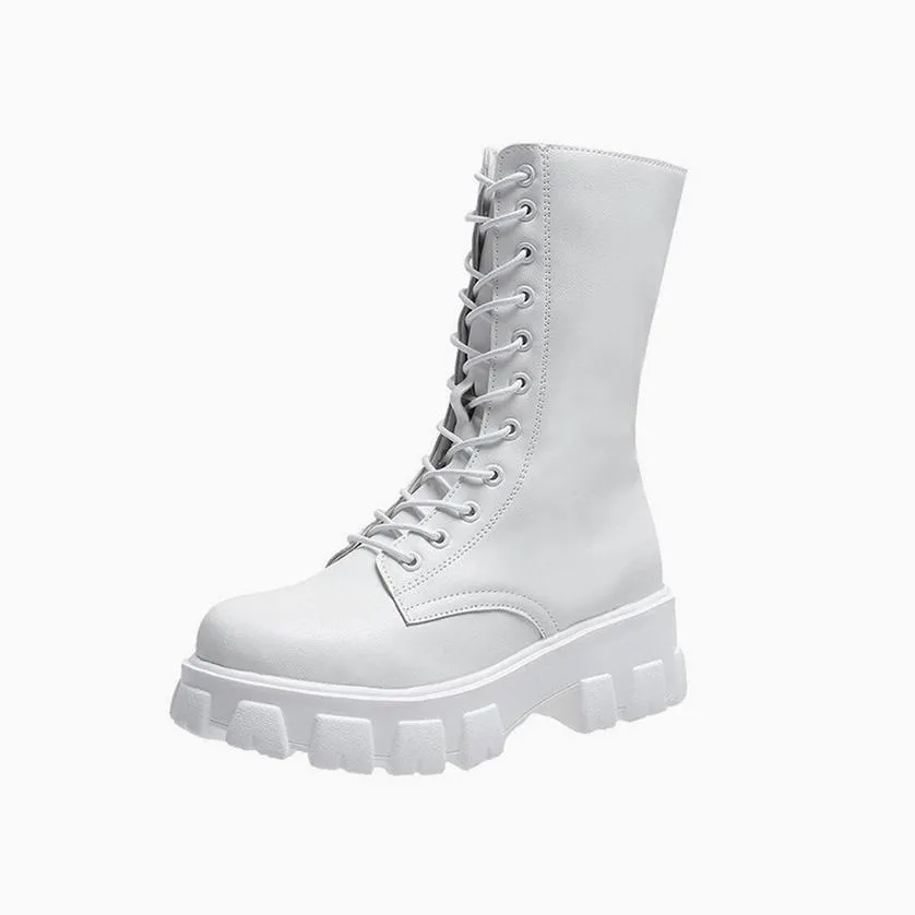 Modern Lace Up Zip Side Lug Sole Chunky Heel Mid Calf Boots - White