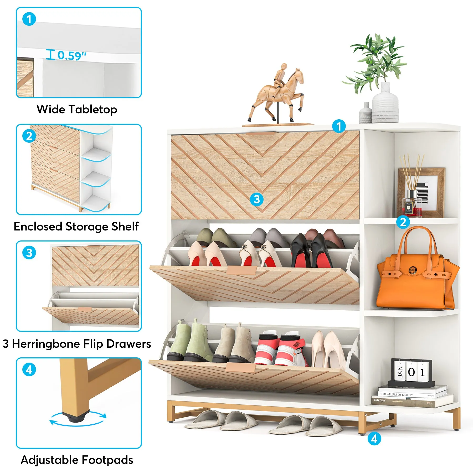 Modern Shoe Cabinet, Shoe Organizer with 3 Flip Drawers & Open Shelves