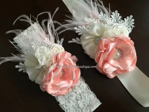 Peach & Ivory Baptism Headband, Sash, and Sandals