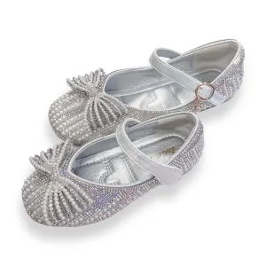 Pearl Bowtie Flat Shoes- SILVER